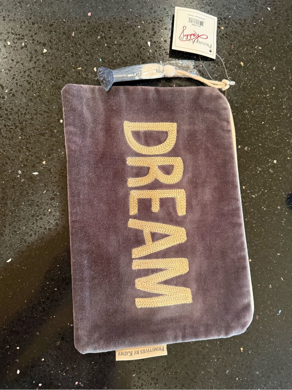 Primitives by Kathy NWT Velvet 'DREAM' Pouch - Gray with Gold Lettering